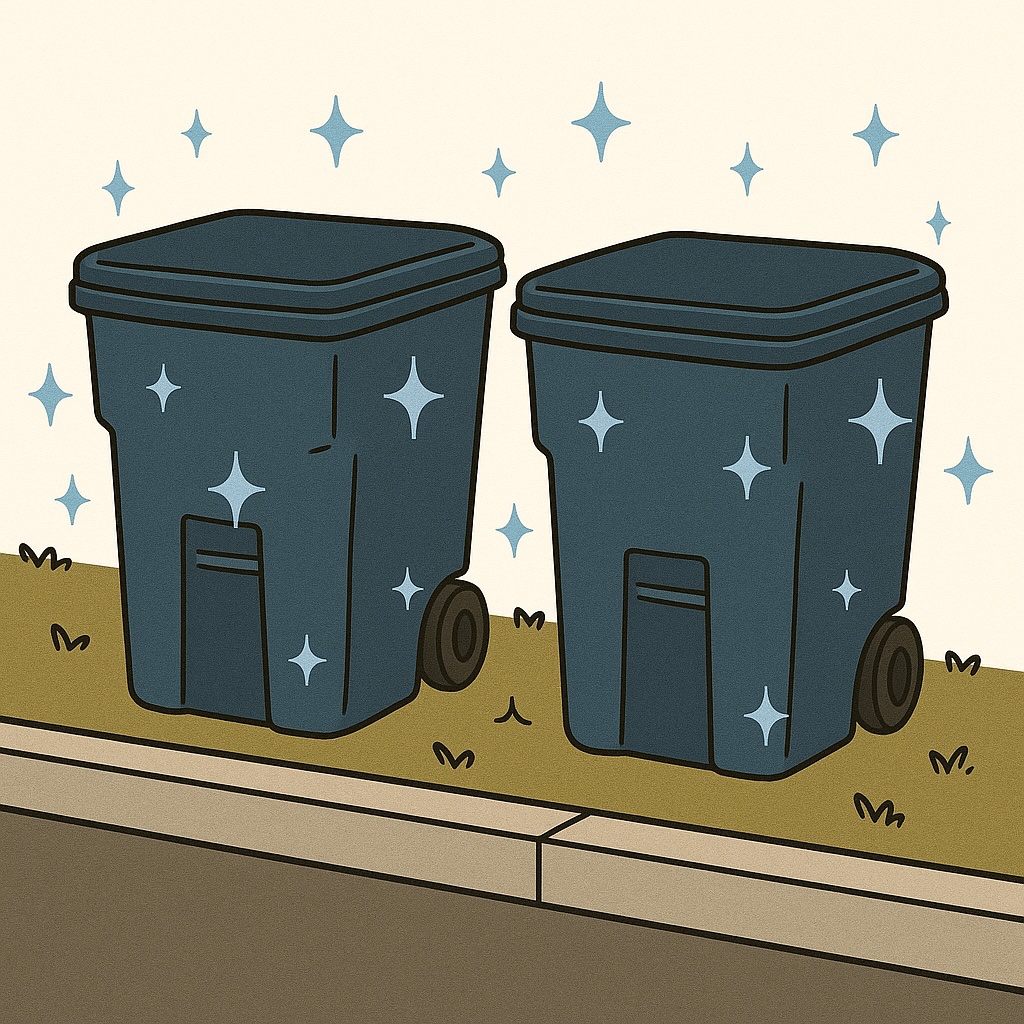 Worker cleaning trash bin